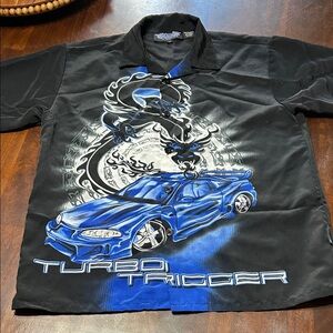 Vintage Y2K-Era Silver Point Button Up Shirt “Turbo Trigger” Graphic Medium Mens